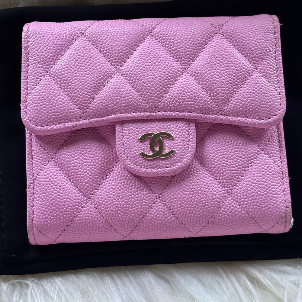 SOLD! Authentic Chanel Bifold quilted Caviar powder Pink wallet Gold Hardware